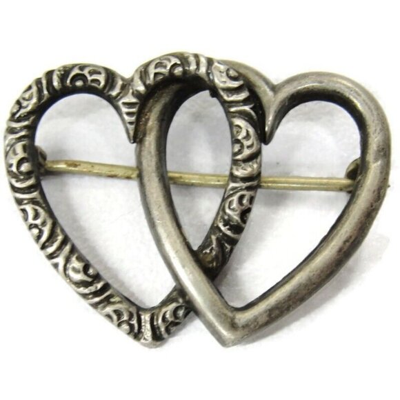 Vintage Sterling Silver Brooch Double Heart - Picture 7 of 9